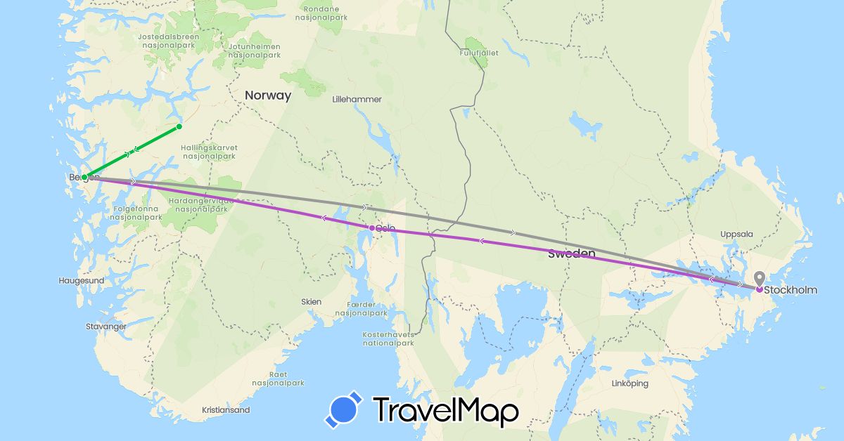 TravelMap itinerary: driving, bus, plane, train in Norway, Sweden (Europe)